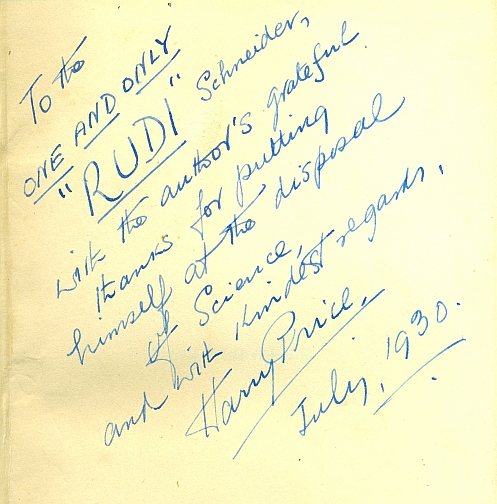 Harry Price' inscription to Rudi in Rudi's own copy of Price' book on him